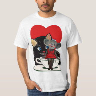 Vintage Valentine's Day, Cat Mouse Tea Cup Heart T-Shirt