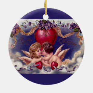 Vintage Valentine's Day, Cherubs Hug in Clouds Ceramic Tree Decoration