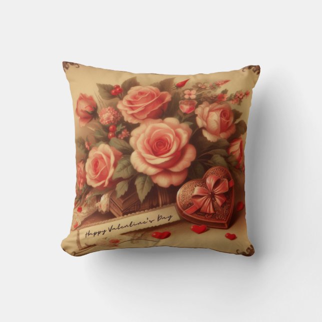 Vintage Valentine's Day Chocolates and Flowers Cushion (Front)