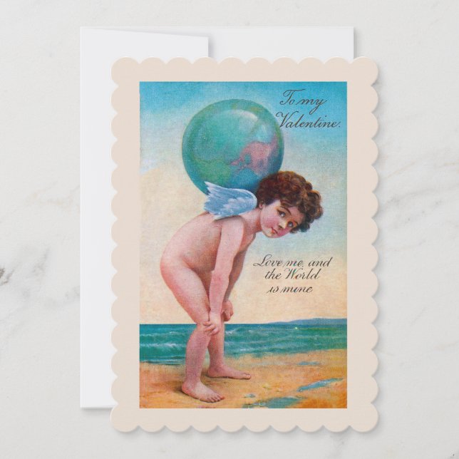 Vintage Valentine's Day Cupid Holding Globe Holiday Card (Front)
