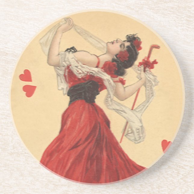 Vintage Valentine's Day, Dancing Lady Red Hearts Coaster (Front)