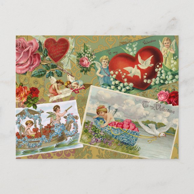 Vintage Valentine's Day Decoupage, Angels, Flower  Holiday Postcard (Front)