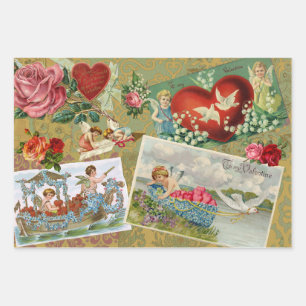 Vintage Valentine's Day Decoupage, Angels, Flower  Wrapping Paper Sheet