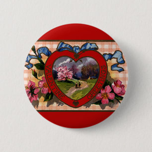Vintage Valentines Day Greetings Heart and Flowers 6 Cm Round Badge