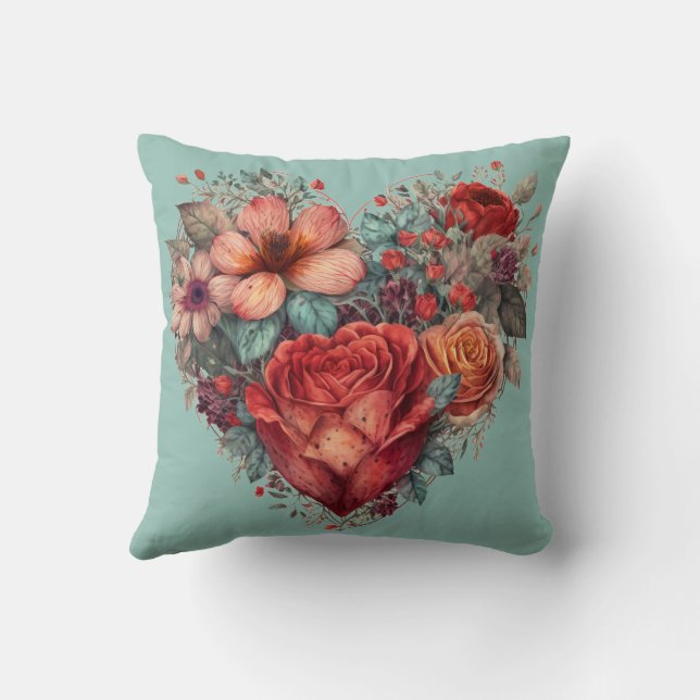 Vintage Valentines Day Heart and Flowers Cushion (Back)