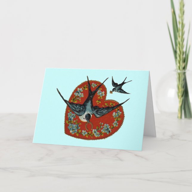 Vintage Valentines Day Heart & Sparrows Holiday Card (Front)