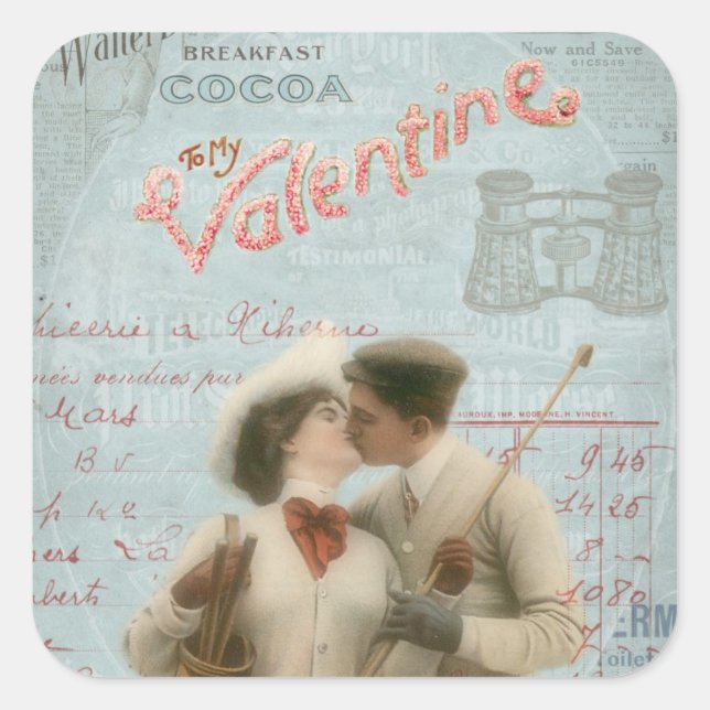 Vintage Valentine's Day Kissing Couple Collage Square Sticker (Front)
