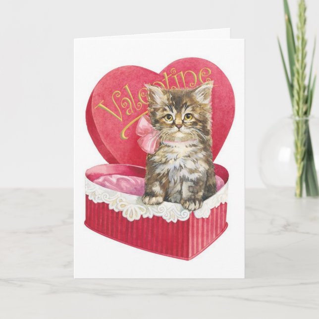 Vintage Valentine's Day Kitten, Holiday Card (Front)