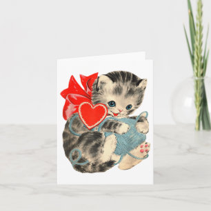 Vintage Valentines Day Kitty Cat Yarn Cute Retro V Card
