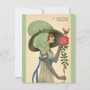 Vintage Valentine's Day, Lady Red Rose Butterfly Holiday Card