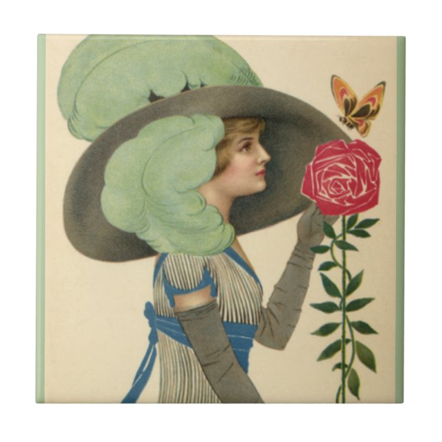 Vintage Valentine's Day, Lady Red Rose Butterfly Tile (Front)