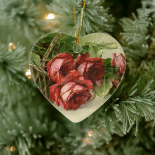Vintage Valentine's Day Love, Crimson Red Roses Ceramic Tree Decoration