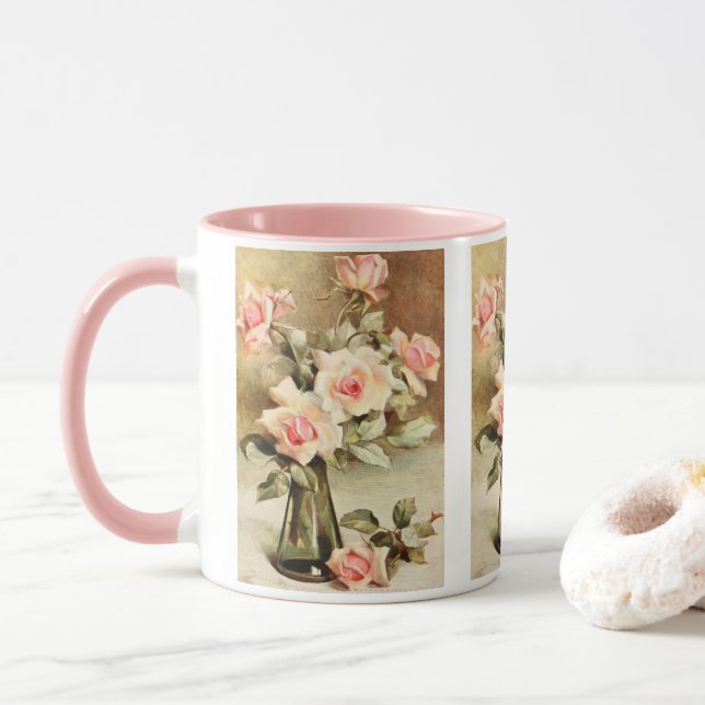 Vintage Valentine's Day Love Romance Pink Roses Mug (With Donut)