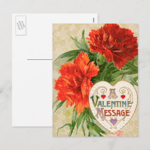Vintage Valentine's Day Message, Carnation Flowers Holiday Postcard