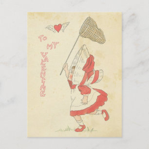 Vintage Valentine's Day Red Heart Wings Cute Girl Holiday Postcard
