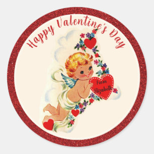 Vintage Valentine's Day Retro Cupid Red Custom Classic Round Sticker