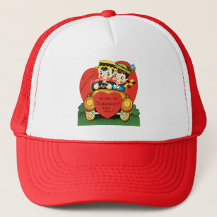 Vintage Valentine's Day, Retro Girl and Boy in Car Trucker Hat