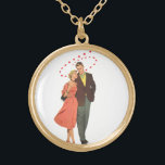 Vintage Valentine's Day, Romantic Floating Hearts Gold Plated Necklace<br><div class="desc">Vintage illustration love and romance Valentine's Day image with a young happy newlywed couple walking with their arms around each other and with hearts floating around.</div>