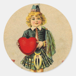 Vintage valentines day Scottish boy & heart Classic Round Sticker