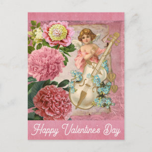 Vintage Valentines Day Victorian Angel Floral Pink Postcard