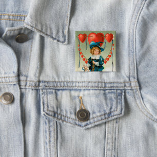 Vintage Valentines Day, Victorian Boy with Hearts 15 Cm Square Badge