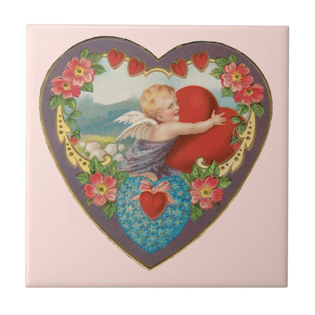 Vintage Valentine's Day, Victorian Cherub Hearts Tile (Front)