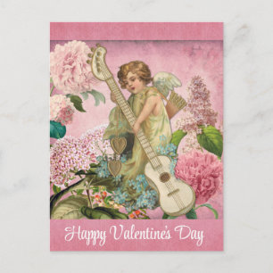 Vintage Valentines Day Victorian Cupid Floral Pink Postcard