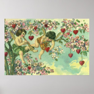 Vintage Valentines Day Victorian Cupids Heart Tree Poster