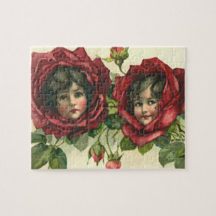 Vintage Valentine's Day, Victorian Faces in Roses Jigsaw Puzzle
