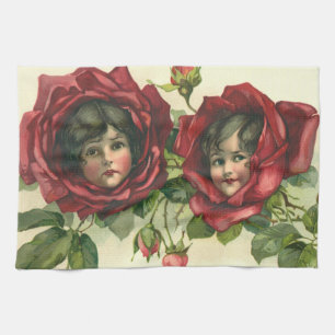 Vintage Valentine's Day, Victorian Faces in Roses Tea Towel