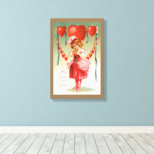 Vintage Valentines Day, Victorian Girl with Hearts Canvas Print