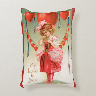Vintage Valentines Day, Victorian Girl with Hearts Decorative Cushion