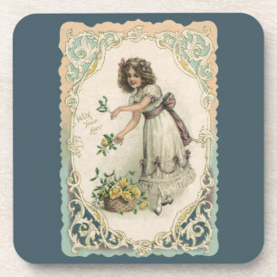 Vintage Valentine's Day, Victorian Girl with Roses Coaster
