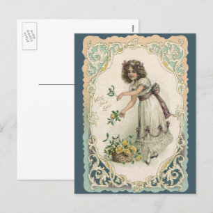 Vintage Valentine's Day, Victorian Girl with Roses Holiday Postcard