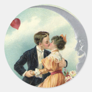 Vintage Valentine's Day Victorian Kiss on the Moon Classic Round Sticker