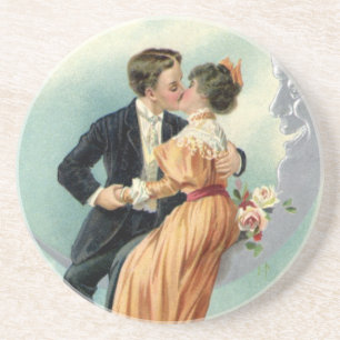 Vintage Valentine's Day Victorian Kiss on the Moon Coaster