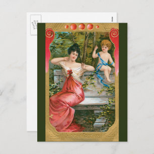Vintage Valentines Day, Victorian Lady with Cherub Holiday Postcard
