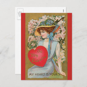 Vintage Valentines Day, Victorian Lady with Heart Holiday Postcard