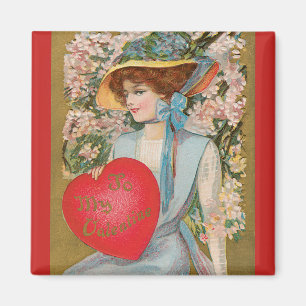 Vintage Valentines Day, Victorian Lady with Heart Magnet