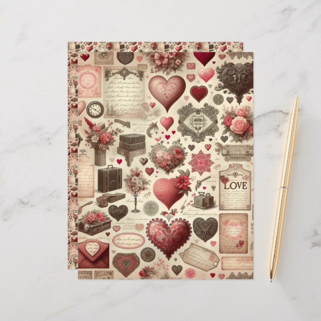 Vintage Valentines Ephemera Scrapbook Paper (Front/Back In Situ)