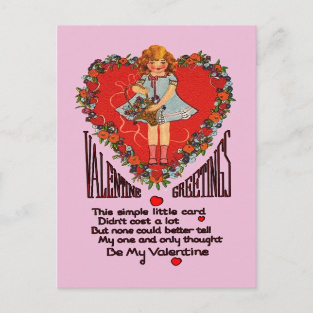Vintage Valentines Heart Wreath and Girl Card (Front)