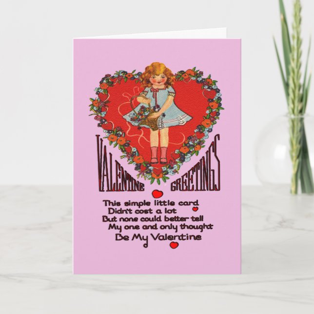 Vintage Valentines Heart Wreath and Girl Card (Front)