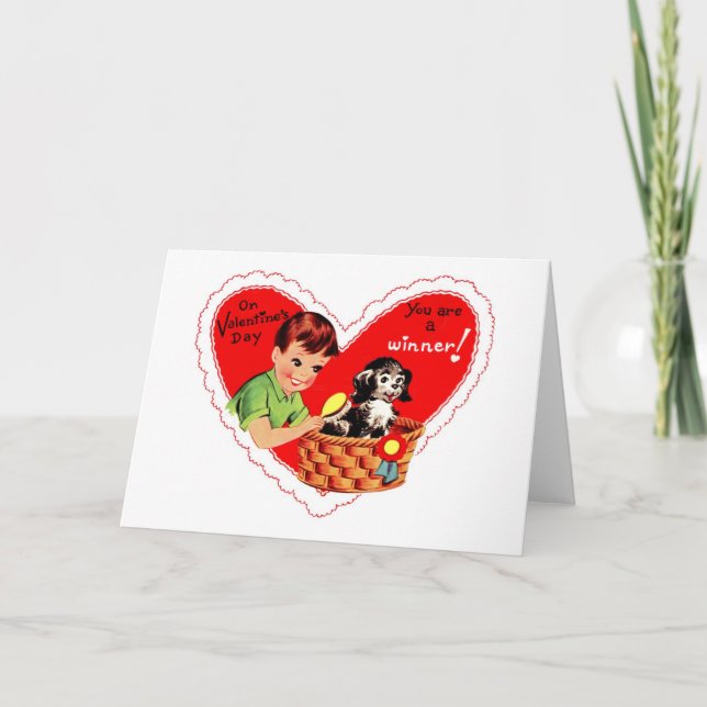 Vintage Valentines puppy You're a Winner Holiday Card (Front)