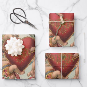 Vintage Valentines, Victorian Angels Cherubs Heart Wrapping Paper Sheet