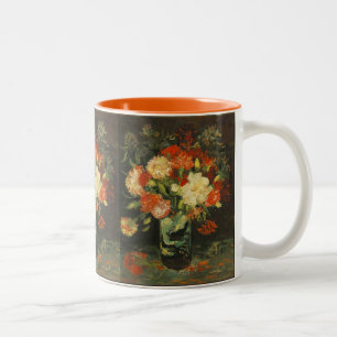 Vintage Van Gogh Flowers Red Vase with Carnations Two-Tone Coffee Mug