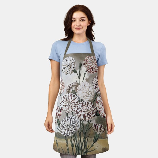 Vintage Variegated Carnation Flowers with Grey Sky Apron (Worn)