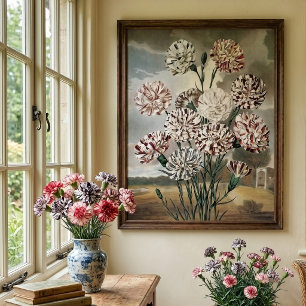 Vintage Variegated Carnation Flowers with Grey Sky Poster