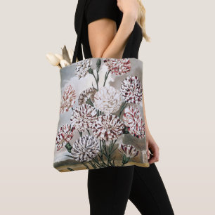 Vintage Variegated Carnation Flowers with Grey Sky Tote Bag