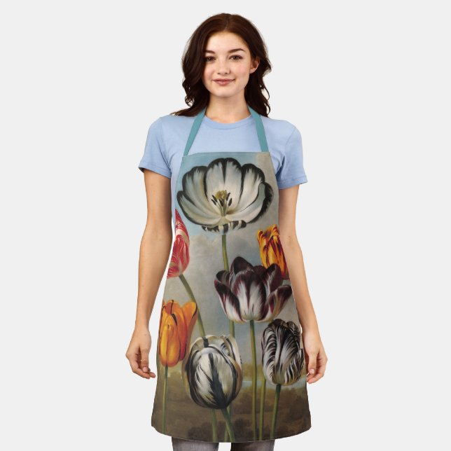 Vintage Variegated Tulip Flowers in a Landscape Apron (Worn)