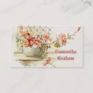 Vintage vase with pink roses watercolor business card